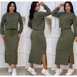 Conjunto Feminino Lanzinha Inverno Blusa Cropped e Saia Midi com Fendas Laterais