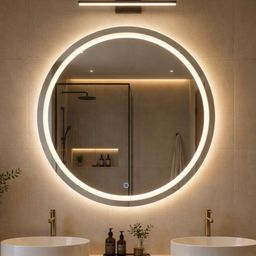 Espelho Redondo 40cm a 60cm Com LED 3 Cores Jateado Lapidado Banheiro Maquiagem Salão de Beleza