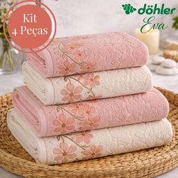 Jogo de Toalha 4 Peças Dohler de Algodão Felpuda Macia Excelente Absorção Banho e Rosto Eva