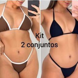 kit 2 conjuntos de biquínis feminino bicolor fita marquinha fio dental bronze