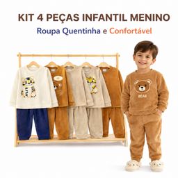 Kit 4 Peças Conjunto Infantil Menino Soft Inverno | Roupa Quentinha e Confortável | Pijama Bebê 1 a 3 Anos (P ao G)