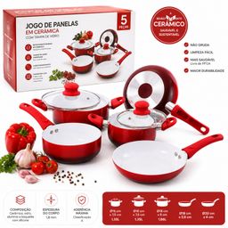 Kit Jogo Panelas Em Cerâmica Tampa De Vidro Frigideira 5 Pçs