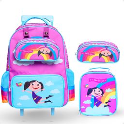 Kit Escolar Mundo da Luna 3 Peças Mochila de Rodinhas + Lancheira + Estojo Infantil Rosa