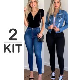 Kit 2 Calça Jeans Feminina Com Elastano Skinny Efeito Levanta Bumbum Cintura Alta