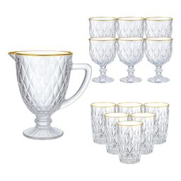 KIT COMPLETO Diamond com borda dourada jarra 1L, 6 Taças 340ML, 6 Copos 370ML