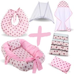 Kit Toalha Bebê + Ninho Redutor de Berço + Almofada + Trocador Portátil + Mosquiteiro Portátil + Toalha Fralda de Boca