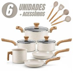 Jogo de Panelas 6 Peças Antiaderentes com Tampa de Vidro Temperada com 4 Utensílios de Cozinha