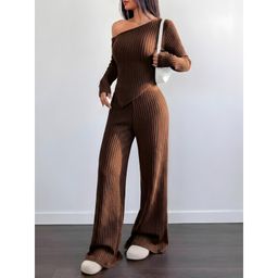 Conjunto Mila Feminino Blusa Assimétrica Manga Comprida  + Calça Pantalona Malha Ribana Moda Inverno