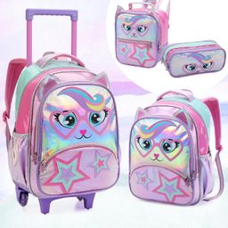 Mochila Escolar Gatinha Estrela Escolar Lancheira e Estojo Bolsa De Rodinha Menina Feminina