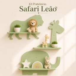 Kit 3 Prateleiras Safari Infantil Leão Girafa Elefante MDF Quarto Bebê