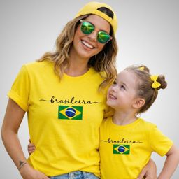 Camisetas do Brasil Mãe e Filha Brasileira Blusa em Algodão Premium Amarelo Brasil
