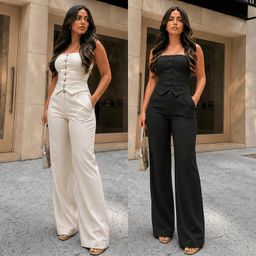 Conjunto Alfaiataria Cropped Tomara que Caia Social Elegante Calça Pantalona Blusa Elástico Lastex Botão Verão Moda