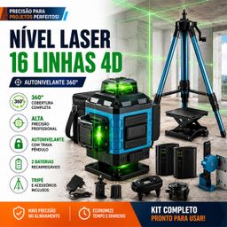 Kit De Nível Laser Verde 16 Linhas 4d Autonivelante Com 2 Baterias e Tripé Completo