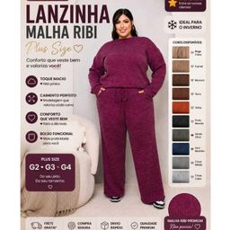 Conjunto Femenino Plus Size Lanzinha Ribi Inverno G2-G3-G4 blusa manga longa calça pantalona,Quente,confortavel