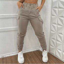 Calça Cargo Jogger Jeans Feminina Cintura Alta Com Lycra
