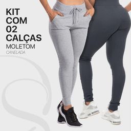 Kit 2 Calça Feminina Cintura Alta Jogger Canelada Tipo Moletom