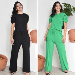 Kit 2 Conjuntos Feminino Blusa Manga Princesa Plissada + Calça Pantalona Cintura Alta Viscolycra Cintura Alta Com Bolso