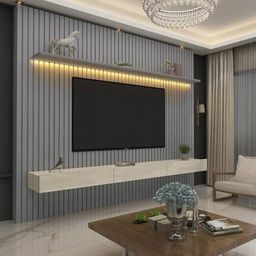 Painel Ripado TV até 85 Polegadas com LED 230cm Nobre Gelius Móveis Cinza/Off White